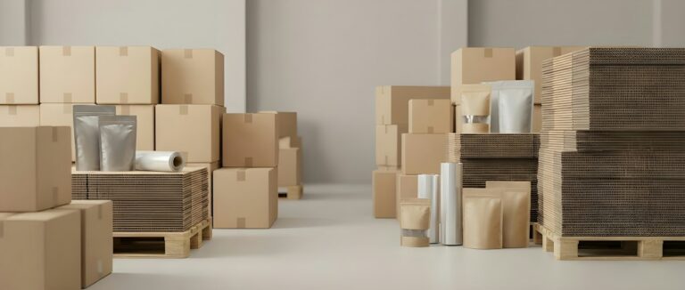 Caixas e materiais de embalagem organizados em depósito