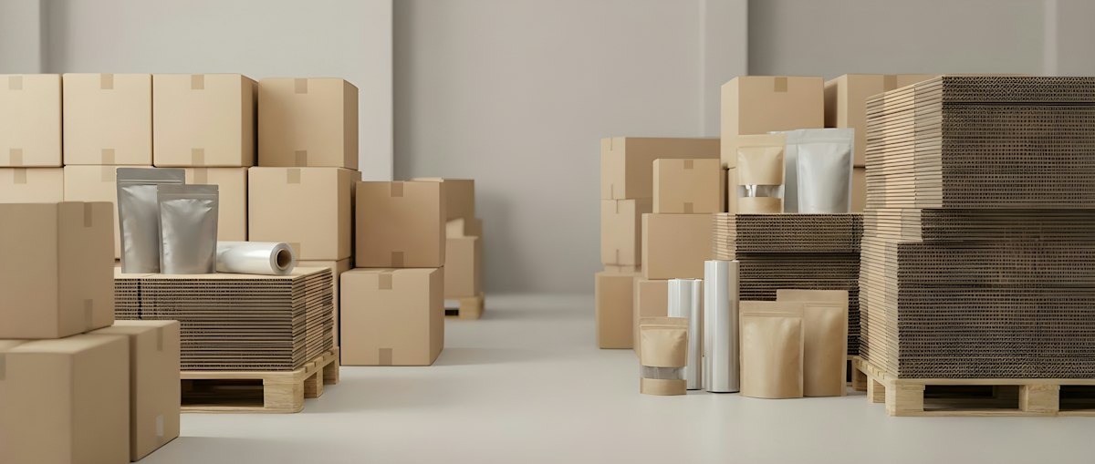 Caixas e materiais de embalagem organizados em depósito